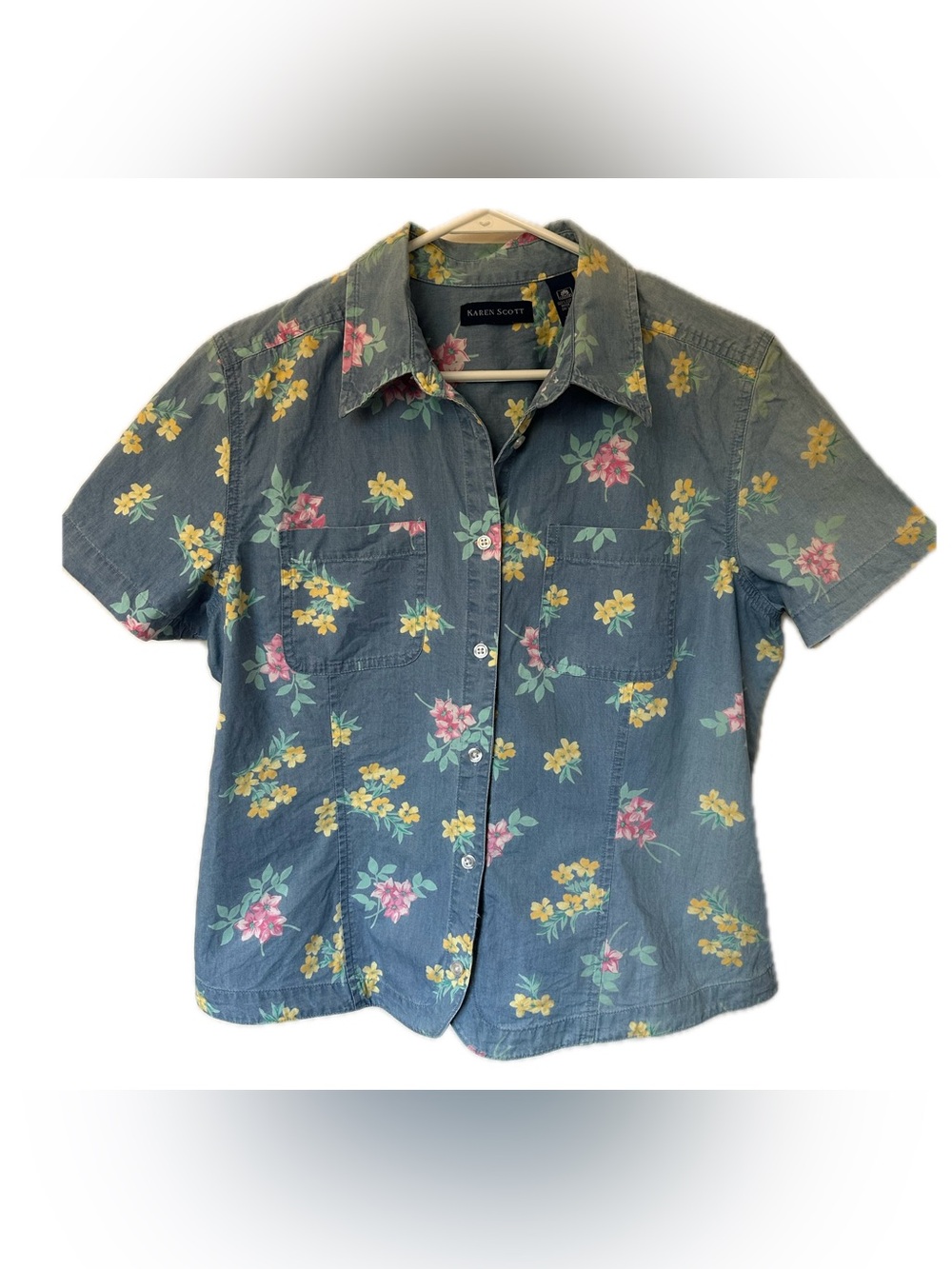 Vintage Karen Scott Women’s Light Blue Floral Shirt - Yellow & Pink Floral